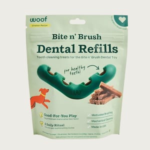 WOOF Dog Bite N' Brush Chicken Sticks Refills Dental Treats 8 oz product photo