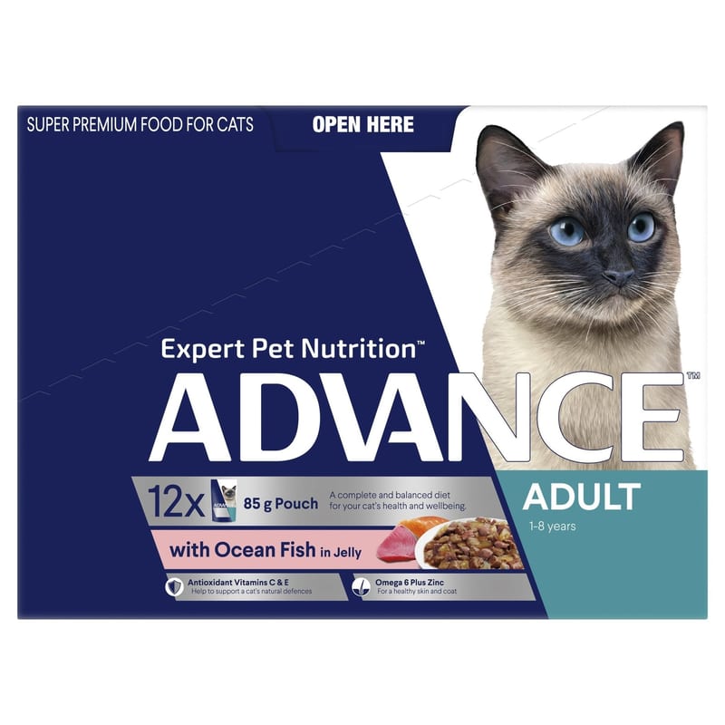 ADVANCE Adult 1-8 Years Wet Cat Food with Ocean Fish in Jelly Pouches professional product photo ready to upload to shopify