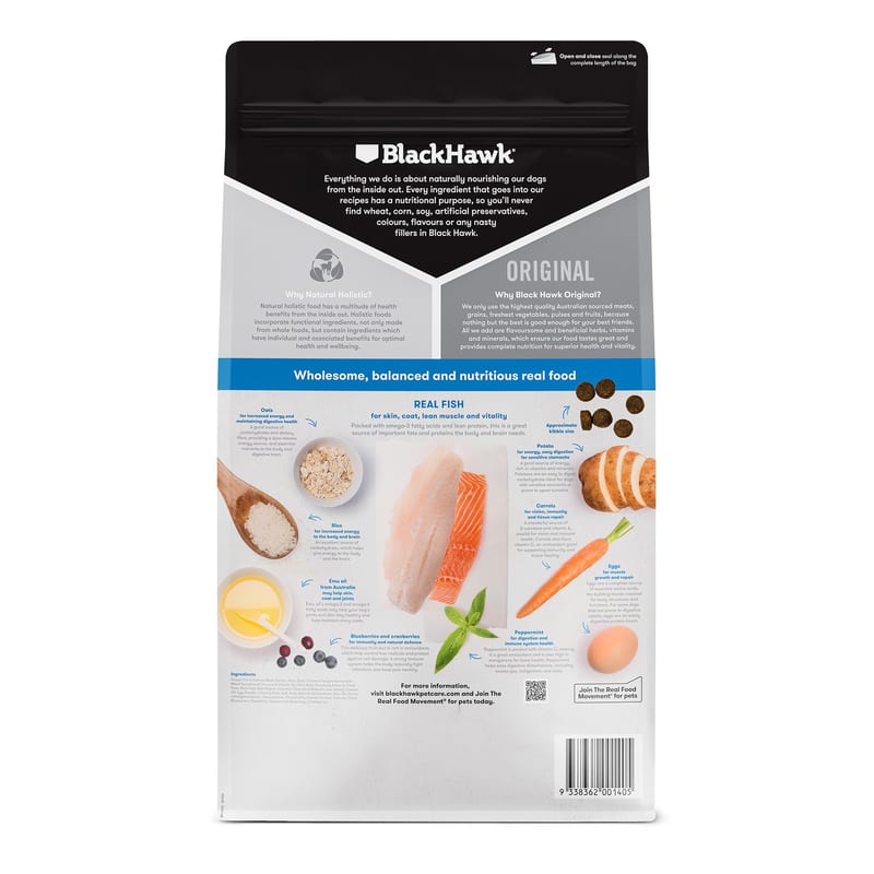 Black Hawk Adult Dry Dog Food Fish & Potato professional product photo ready to upload to shopify