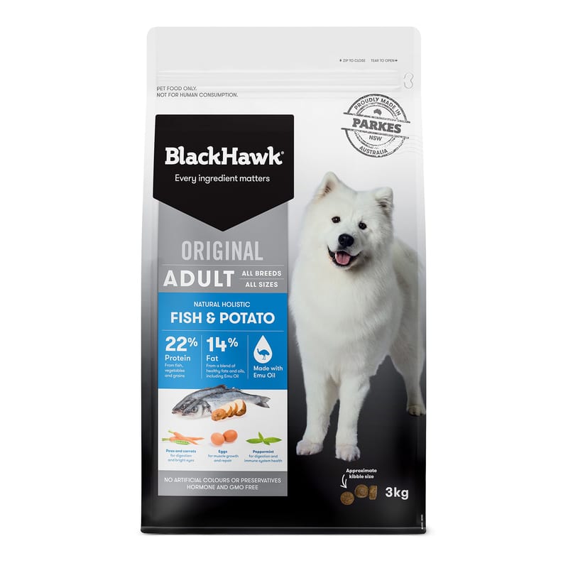 Black Hawk Adult Dry Dog Food Fish & Potato professional product photo ready to upload to shopify