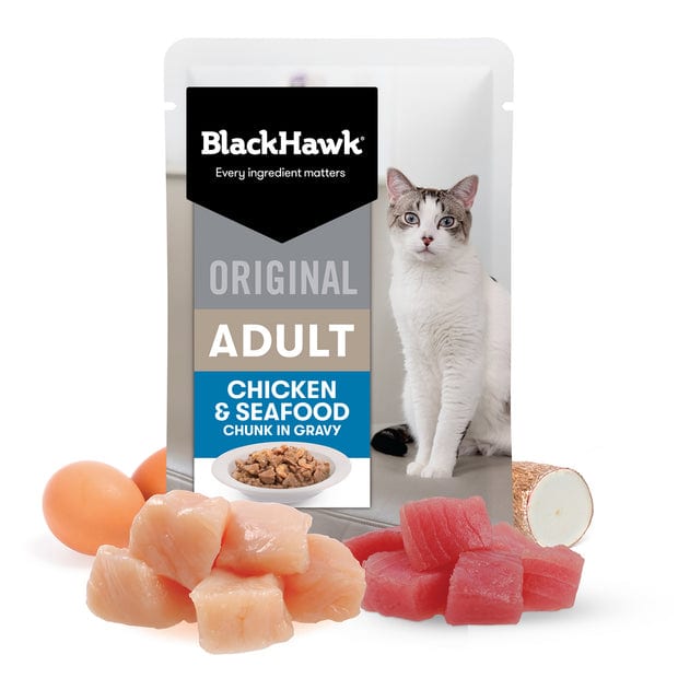 Black Hawk Adult Wet Cat Food Chicken & Seafood in Gravy 12 x 85g professional product photo ready to upload to shopify