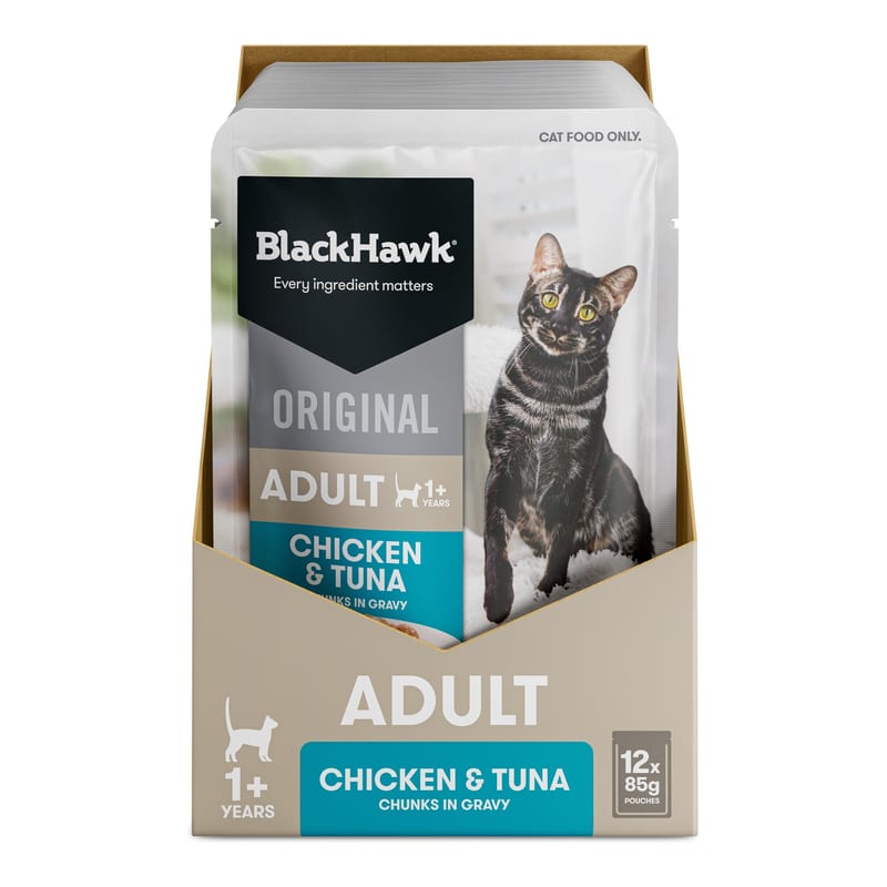 Black Hawk Adult Wet Cat Food Chicken & Tuna in Gravy 85g professional product photo ready to upload to shopify