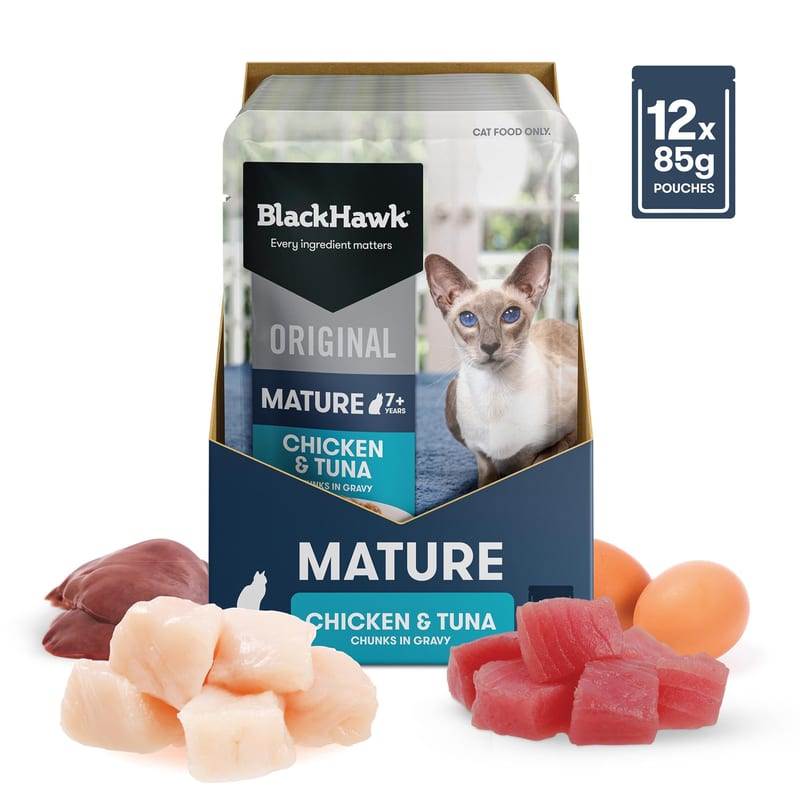 Black Hawk Mature 7+ Wet Cat Food Chicken & Tuna in Gravy 85g professional product photo ready to upload to shopify