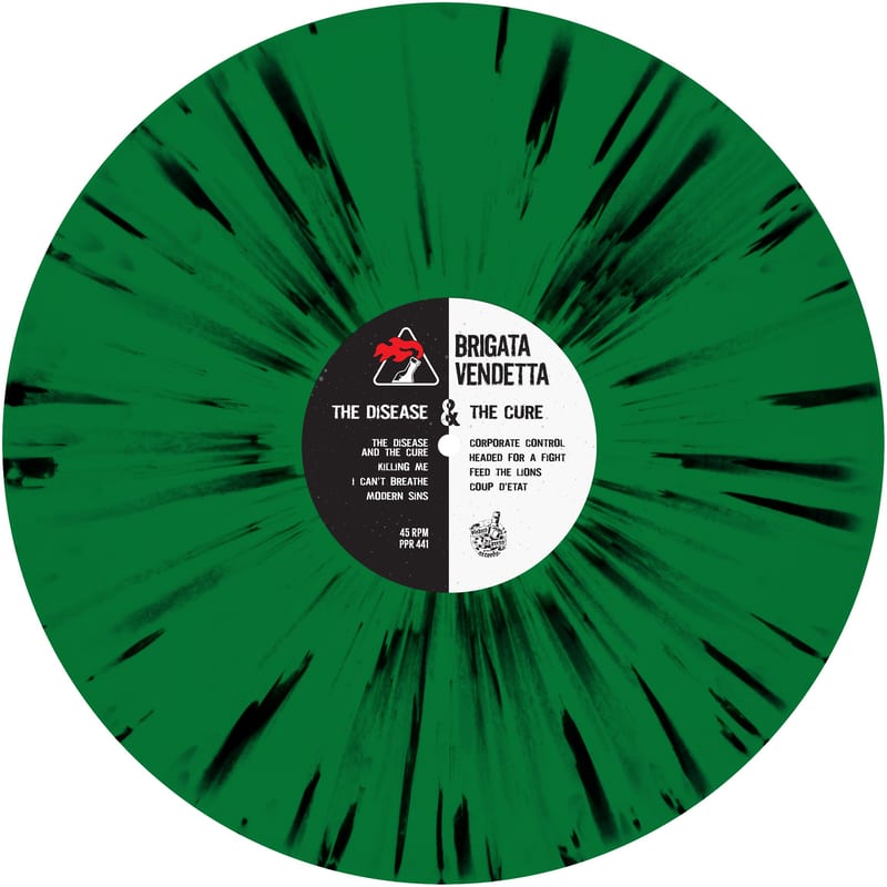Brigata Vendetta - The Disease & The Cure - Evergreen with Black Splatter Vinyl LP professional product photo ready to upload to shopify