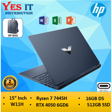 HP Victus Laptop — 512GB storage / AMD Ryzen 7 7445H processor / 16GB RAM professional product photo ready to upload to shopify