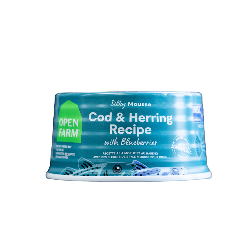 Open Farm Silky Mousse Cod & Herring recipe with Blueberries professional product photo ready to upload to shopify