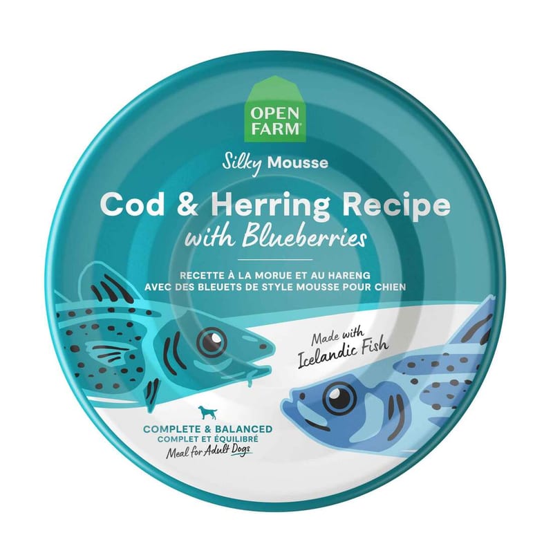 Open Farm Silky Mousse Cod & Herring recipe with Blueberries professional product photo ready to upload to shopify